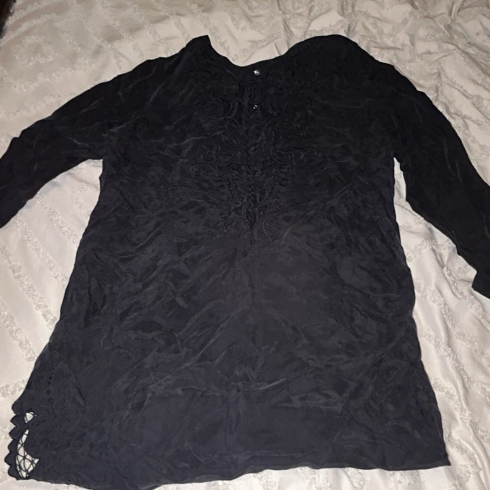 Black Embroidered Long Sleeve Tunic Top Henley V-Neck Crochet‎ Lace Detail L